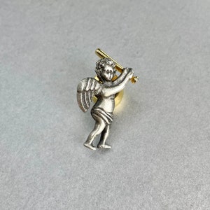 Vintage Camco Guardian Angel with Sword Mini Pin, Silver Gold Tone Small Shawl Scarf Lapel Pin, Signed Costume Jewelry, Gift for Her.