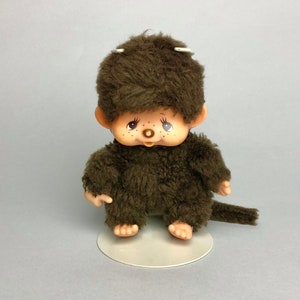 Vintage Monchhichi Sekiguchi Mini Monkey Plush Toy, Brown Fur Eyes Big Ears Collectible Animal Toys, 1980 Japan Memorabilia, Gift for Friend