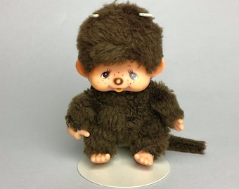 Vintage Monchhichi Sekiguchi Mini Monkey Plush Toy, Brown Fur Eyes Big Ears Collectible Animal Toys, 1980 Japan Memorabilia, Gift for Friend