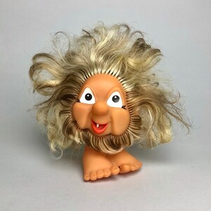 Vintage German Troll Gnome Rubber Toy, Brown Hair Fairytale Cartoon Character Kind Monster Doll, Collectible Memorabilia Gift for Friend.