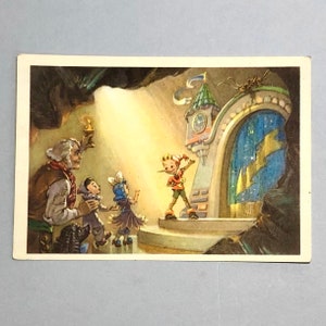 Vintage USSR Pinocchio Buratino Tale "Golden Key" 1955, Pinokkio toont magisch theater aan vrienden, Sovjet "Izogiz", Russische cadeaubon