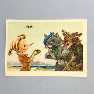 Vintage USSR Pinocchio Buratino Tale "Golden Key" 1955, Pinokkio toont munten aan kat en vos, Sovjet "Izogiz", Russische cadeaubon