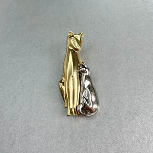Vintage Cat with Kitten Brooch, Gold and Silver Tone Animals Small Shawl Scarf Lapel Pin, Estate Costume Jewelry, Gift for Friend.