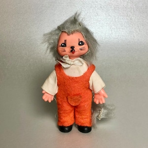 Vintage GDR Kitten Cat Mini Doll, Hand Painted Face Gray Hair Black Eyes Native Costume Animal Collectible Retro Toy, Gift for friend