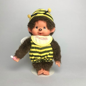 Vintage Monchhichi Sekiguchi 7 inch Monkey Bee Plush Toy, Brown Fur Pink Pacifier Animal Toys, Japan Memorabilia, Gift for Friend.