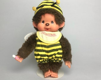 Vintage Monchhichi Sekiguchi 7 inch Monkey Bee Plush Toy, Brown Fur Pink Pacifier Animal Toys, Japan Memorabilia, Gift for Friend.