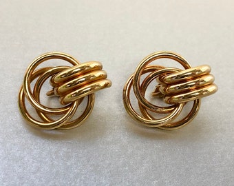 Vintage Napier Triple Hoop Earrings, Gold Tone Door Knocker Clip on Earrings, Signed Costume Estate Jewelry, Gifts for Women.