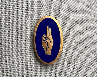 Vintage Peace Hand Gestures Brooch, Gold Tone Navy Blue Enamel Oval Scarf Lapel Brooch, Estate Costume Jewelry, Gift for friend.