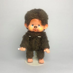 Vintage Monchhichi Sekiguchi Monkey Pacifier Plush Toy, Brown Fur Blue Eyes Big Ears Collectible Animal Toy, 1974 Japan Memorabilia Gift.