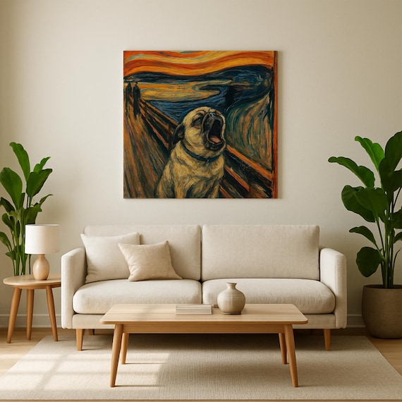 Howling Pug Canvas Print – The Scream Parody Wall Art on Square Matte Canvas