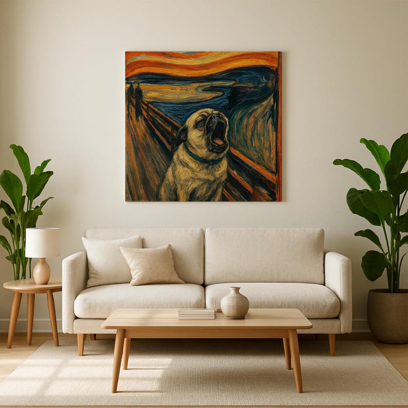 Howling Pug Canvas Print – The Scream Parody Wall Art on Square Matte Canvas image 1