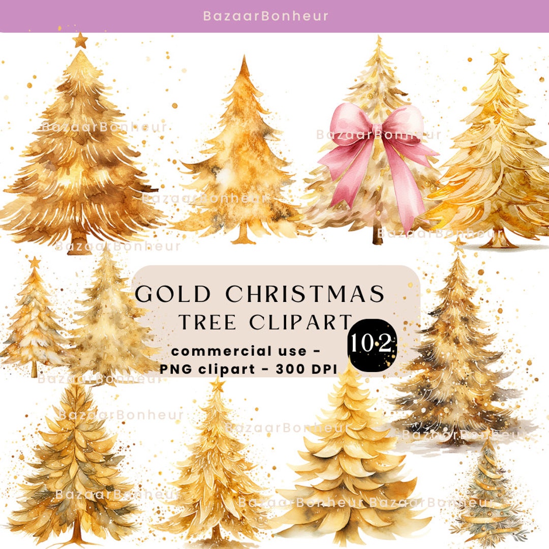 Watercolor Gold Christmas Tree Clipart, Gold Christmas Tree Png, 300