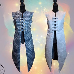 May include: Two reversible vests on mannequins. One is navy blue with a diamond pattern and gold buttons. The other is light gray with a simple button closure. Text on the image reads "Reversible Design" and measurements for a medium size.