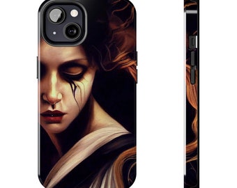 Könnte beinhalten: Eine schwarze iPhone-Hülle mit einem Porträt einer Frau mit dunklen Haaren und dunklem Make-up. Die Frau trägt einen Nasenring und ein weißes Hemd. Die Hülle hat einen Ausschnitt für die Kamera.