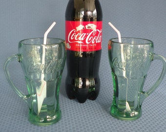 Pair of Vintage Coca Cola Glasses, Green with Handle by Libbey