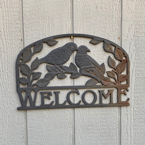 Large Cast Iron Welcome Sign with Bird Motif - Vintage Outdoor Garden Decor