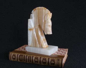 Vintage Carved Marble Bookend / Chess Knight Horse Head Paperweight