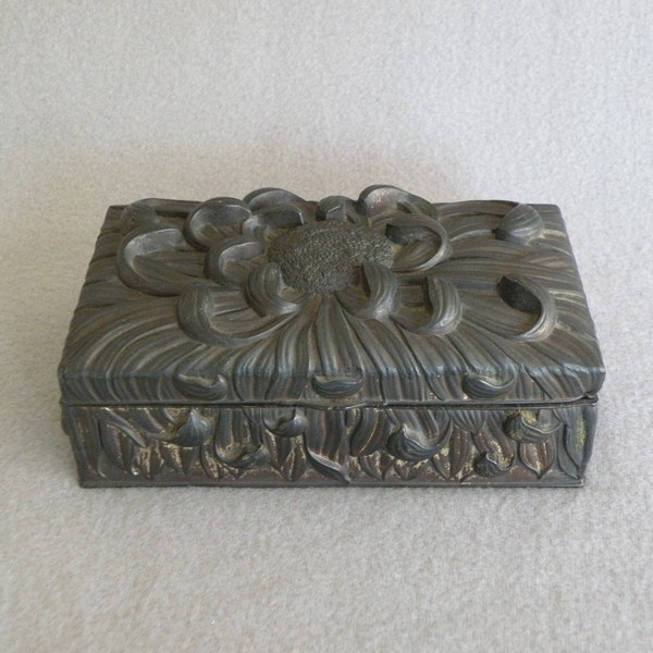 Art Nouveau Sunflower Jewelry Casket - Vintage Floral Keepsake Box - Metal with Wood Lined Interior