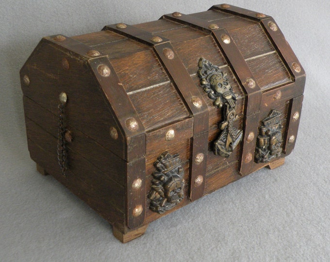 Vintage Wooden Pirate Treasure Chest Jewelry Box With Skull and