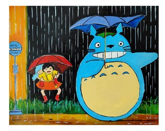 Leende Totoro oljemålning: Ghibli Studiokonst på duk, 40x50 cm