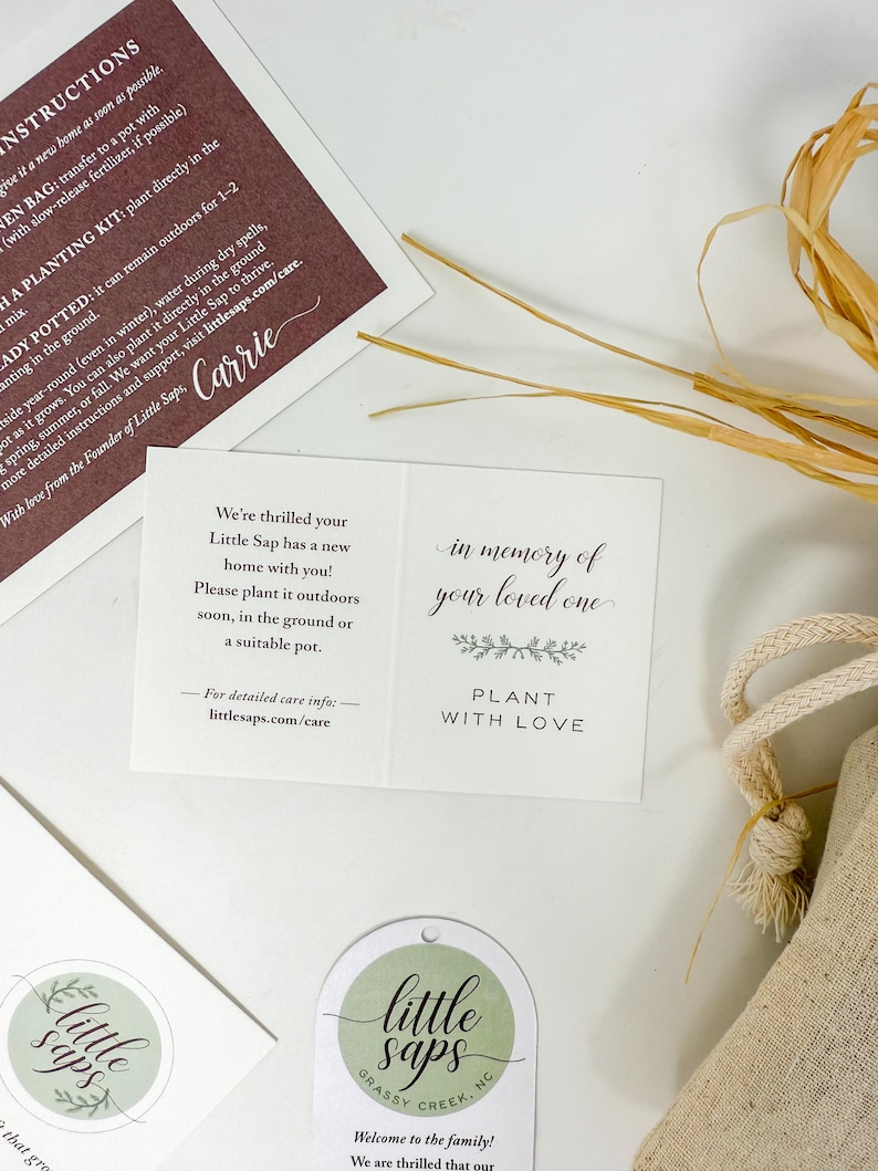 Puede incluir: Una colecci&oacute;n de tarjetas y una peque&ntilde;a bolsa de yute. Las tarjetas presentan textos como &laquo;Instrucciones&raquo;, &laquo;en memoria de su ser querido&raquo; y &laquo;&iexcl;Bienvenido a la familia!&raquo;. Las tarjetas son blancas con detalles en verde y marr&oacute;n. La bolsa tiene un cierre de cord&oacute;n.