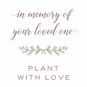 Puede incluir: Fondo blanco con texto en color marr&oacute;n suave. El texto dice "in memory of your loved one" en una fuente cursiva, seguido de un dise&ntilde;o de ramita y las palabras "PLANT WITH LOVE" en una fuente sans-serif.