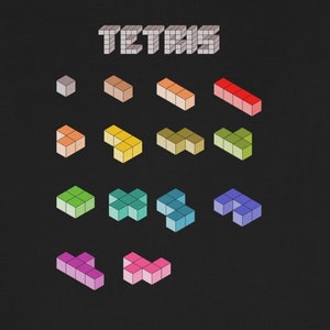 May include: A graphic illustration of the word "TETRIS" in a pixelated font, followed by seven different colored Tetris blocks in various shapes and orientations. The blocks are arranged in three rows, with the first row showing a single square block, a horizontal block, and a horizontal block with a single square on the end. The second row shows a block shaped like an L, a block shaped like a T, a block shaped like a Z, and a block shaped like an S. The third row shows a block shaped like a J, a block shaped like an I, and a block shaped like an O.