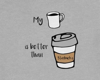 May include: Gray background with a hand-drawn illustration of a coffee mug and a to-go coffee cup. The text reads "My is better than Starbucks."