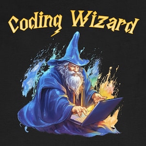 May include: A blue wizard with a long white beard is coding on a laptop. He is wearing a blue pointed hat and is surrounded by blue and orange flames. The text "Coding Wizard" is above the wizard.