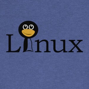 May include: A blue t-shirt with a black cartoon penguin and the word "Linux" in black text.