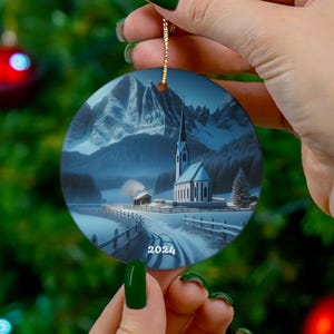 Snowy Mountain Scene Ceramic Ornament 2024| Christmas Decoration, Holiday Decor, Winter Keepsake, Gift for Friends, Tree Ornament