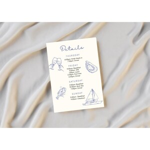 May include: A white card with blue text and illustrations outlining a weekend itinerary. The card lists activities for Thursday through Sunday, including hotel check-in, spa time, boat day, and breakfast.