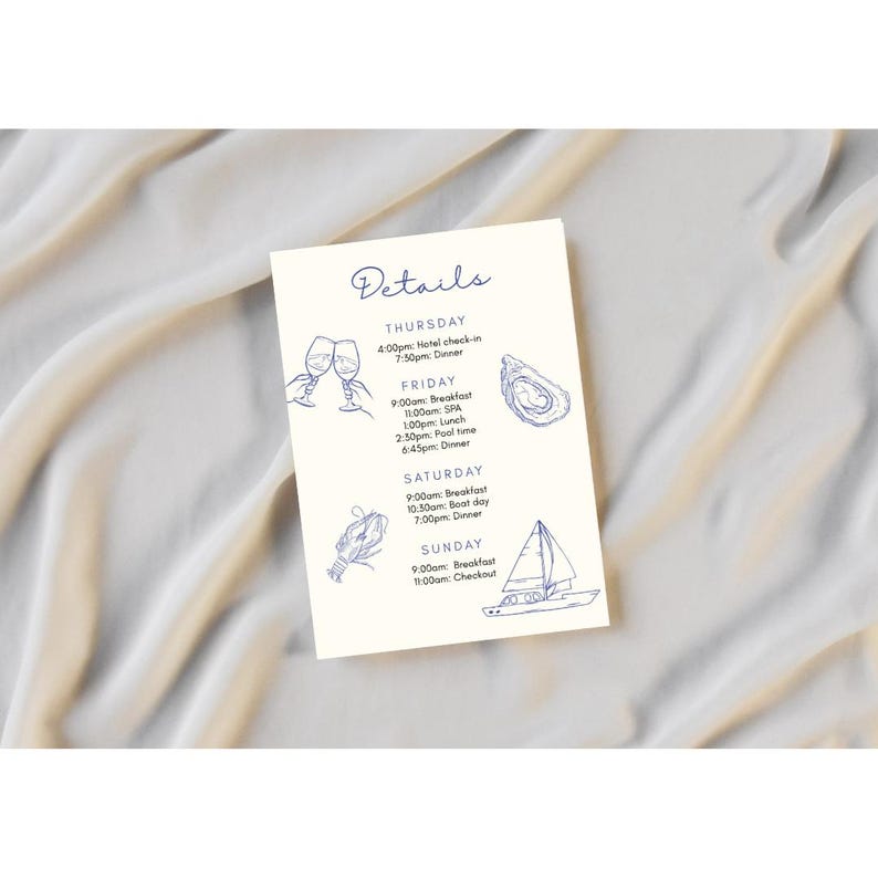 May include: A white card with blue text and illustrations outlining a weekend itinerary. The card lists activities for Thursday through Sunday, including hotel check-in, spa time, boat day, and breakfast.