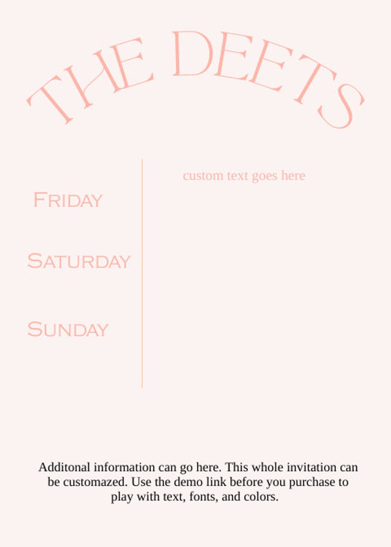 K&ouml;nnte beinhalten: Eine rosa und wei&szlig;e druckbare Einladungsvorlage mit dem Text "THE DEETS" oben. Die Vorlage enth&auml;lt einen Bereich f&uuml;r benutzerdefinierten Text, eine Liste der Wochentage und einen Bereich f&uuml;r zus&auml;tzliche Informationen.