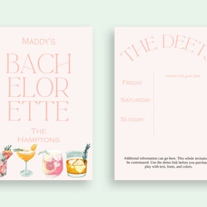K&ouml;nnte beinhalten: Eine rosa und wei&szlig;e druckbare Junggesellinnenabschiedseinladung mit dem Text "Maddy's Bachelorette The Hamptons" und vier Aquarell-Illustrationen von Cocktails. Die zweite Seite hat den Text "The Deets" und einen Platz, um die Details des Wochenendes auszuf&uuml;llen.