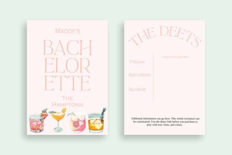 K&ouml;nnte beinhalten: Eine rosa und wei&szlig;e druckbare Junggesellinnenabschiedseinladung mit dem Text "Maddy's Bachelorette The Hamptons" und vier Aquarell-Illustrationen von Cocktails. Die zweite Seite hat den Text "The Deets" und einen Platz, um die Details des Wochenendes auszuf&uuml;llen.