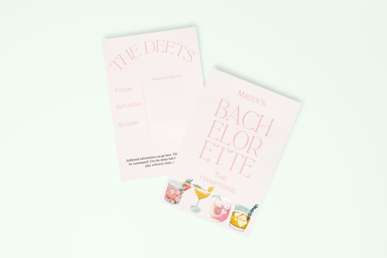 K&ouml;nnte beinhalten: Rosa-wei&szlig;er druckbarer Bachelorette-Party-Reiseplan mit dem Text "The Deets" und einer Liste der Wochentage: Freitag, Samstag, Sonntag. Zus&auml;tzliche Informationen k&ouml;nnen hier eingef&uuml;gt werden. Die Informationen k&ouml;nnen angepasst werden. Verwenden Sie die Design-Tools, um mit Text, Schriftarten und Farben zu spielen.