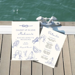 May include: A white card with blue text and illustrations announcing a hen do for Madison in Newport Beach, 10-14 August. The card includes details of the weekend itinerary, including hotel check-in, spa, boat day, and dinner.