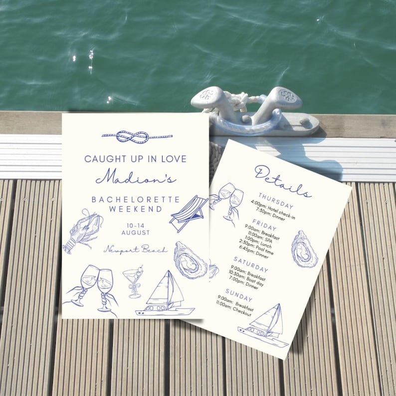 May include: A white card with blue text and illustrations announcing a hen do for Madison in Newport Beach, 10-14 August. The card includes details of the weekend itinerary, including hotel check-in, spa, boat day, and dinner.