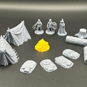 3D-Printed Fantasy RPG Camp Set with LED Campfire – Tabletop D&D Miniatures Accessories