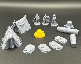 3D-Printed Fantasy RPG Camp Set with LED Campfire – Tabletop D&D Miniatures Accessories