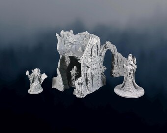 May include: A set of three miniature fantasy figures, including a wizard, a ruined building, and a hooded figure. The figures are made of gray plastic and are designed for tabletop role-playing games.