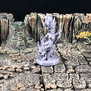 May include: A grey plastic miniature figurine of a female ghost with flowing hair and a raised arm holding a staff. The figurine is standing on a round base.