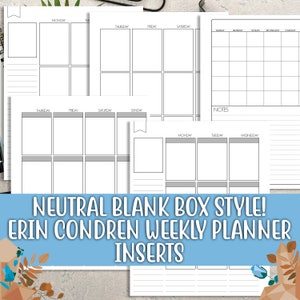 Könnte beinhalten: Druckbare Wochenplaner-Einsätze im neutralen, leeren Kasten-Stil. Die Einsätze haben ein Rasterlayout mit den Wochentagen beschriftet. Die Einsätze sind für die Verwendung mit Erin Condren Planern konzipiert.