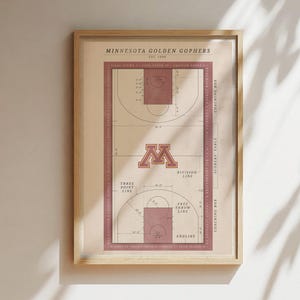 Minnesota Golden Gophers poster kunst aan de muur, Golden Gophers NCAA basketbalposter, basketbalveld kunst aan de muur, vintage sportposter
