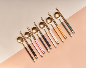 Kara Gold or Satin Spoon & Chopstick Set - Cutlery Set