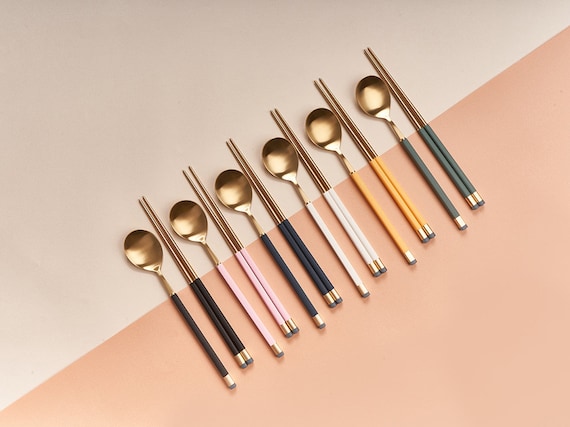 Kara Gold or Satin Spoon & Chopstick Set - Cutlery Set