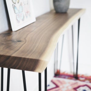 Live Edge Walnut Console Table, Modern Walnut Sofa Table, Mid Century Entry Table, Entryway Table, Live Edge Wood Console, Metal Legs, Long image 1