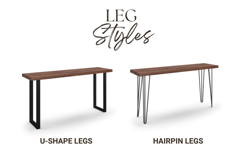 May include: Two wooden tabletops with different leg styles. The table on the left has black U-shaped legs. The table on the right has black hairpin legs. The text "LEG Styles" is at the top of the image.