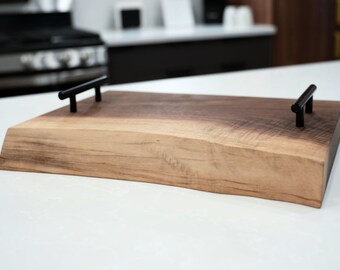 Solid Walnut Live Edge Charcuterie Board with Built In Handles, Handcrafted Serving tray, Black Walnut Live Edge Wood Cheese board